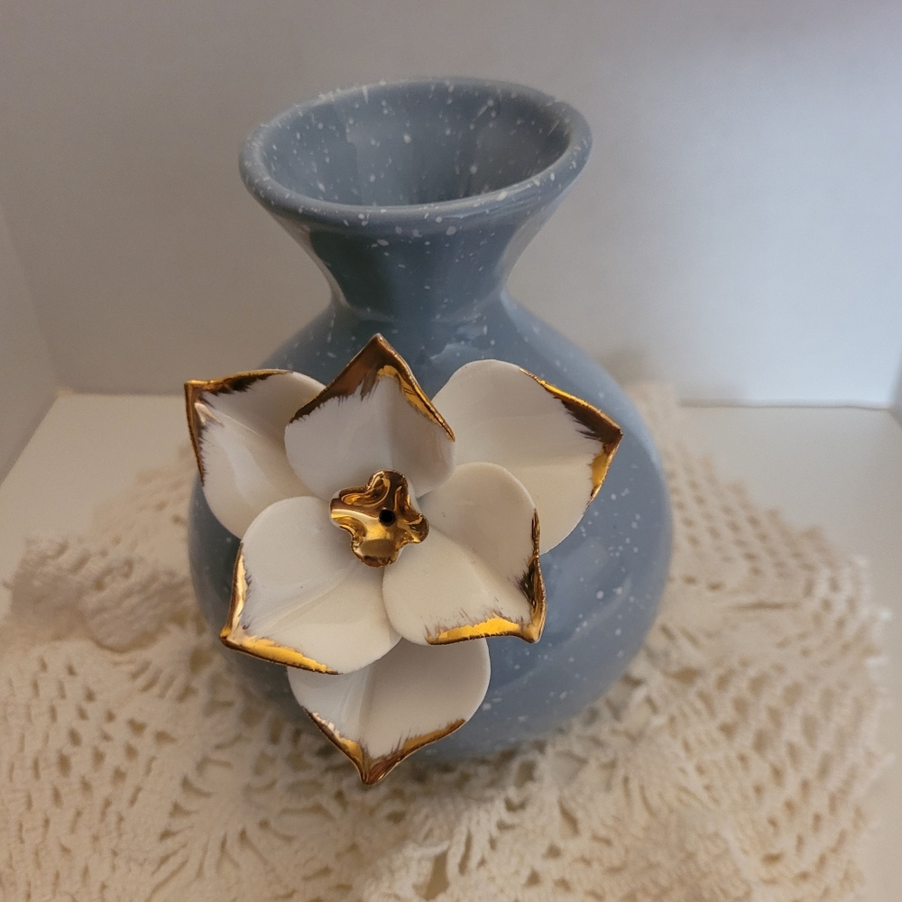 Anthropologie Ceramic Light Blue White Speckled Vase with Applied White Flower